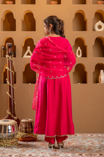 Fuchsia Blue Viscose Flared Kurta with Pants & Dupatta Set with Zari & Sequence Work