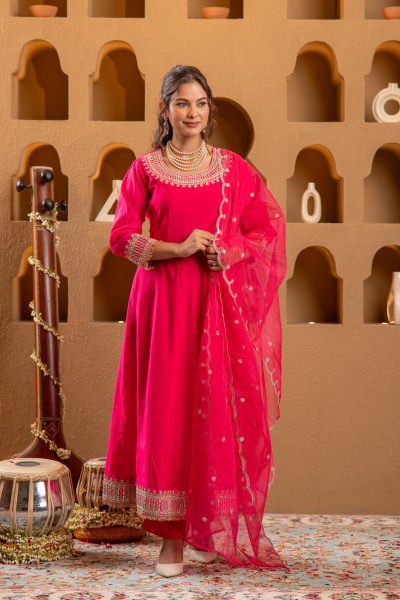 Fuchsia Blue Viscose Flared Kurta with Pants & Dupatta Set with Zari & Sequence Work