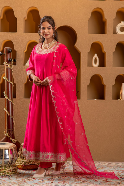 Fuchsia Blue Viscose Flared Kurta with Pants & Dupatta Set with Zari & Sequence Work