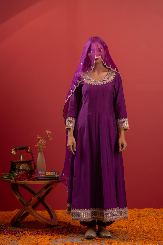 Purple Anarkali Suit With Embroidered Dupatta &amp; Pant