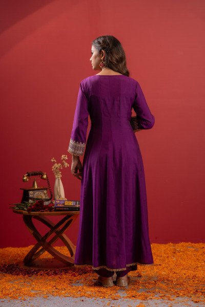 Purple Anarkali Suit With Embroidered Dupatta & Pant