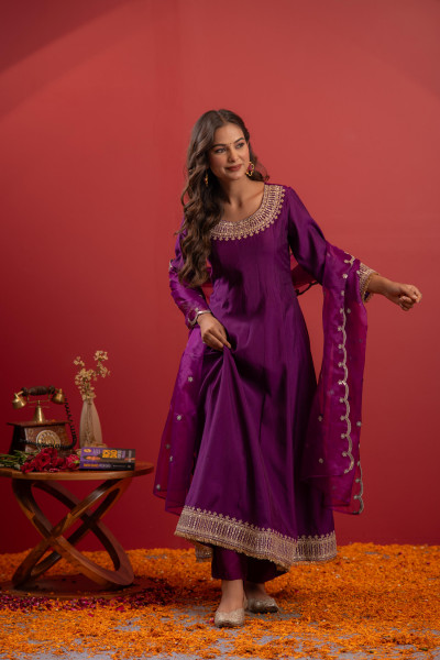 Purple Anarkali Suit With Embroidered Dupatta & Pant