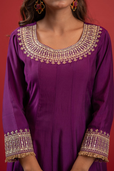Purple Anarkali Suit With Embroidered Dupatta & Pant