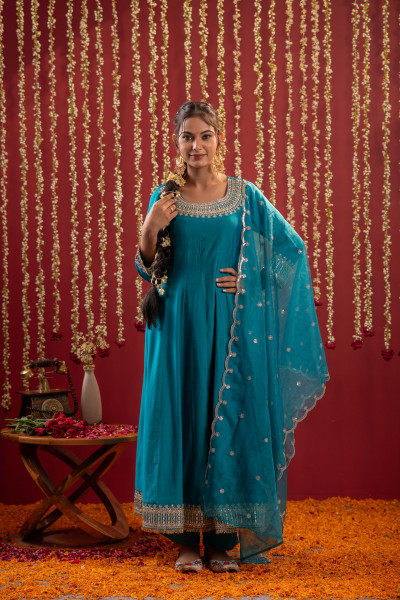 Aqua Blue Viscose Flared Kurta with Pants & Dupatta Set with Zari & Sequence Work