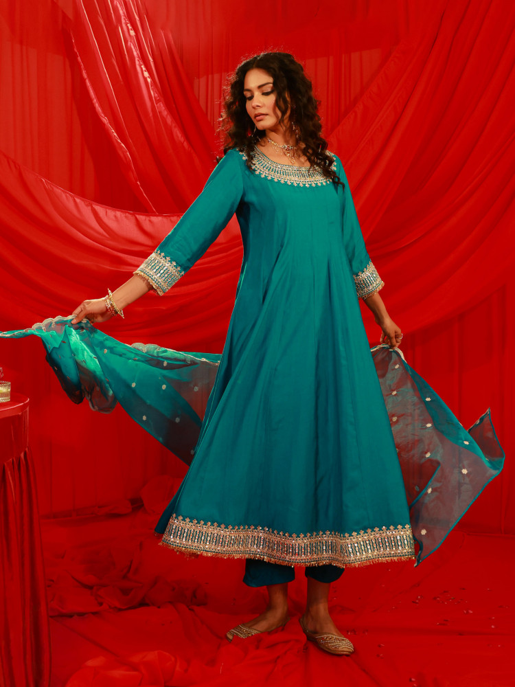 Aqua Blue Viscose Flared Kurta with Pants &amp; Dupatta Set with Zari &amp; Sequence Work