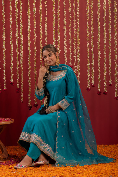 Aqua Blue Viscose Flared Kurta with Pants & Dupatta Set with Zari & Sequence Work