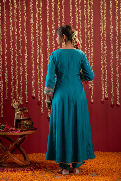 Aqua Blue Viscose Flared Kurta with Pants & Dupatta Set with Zari & Sequence Work