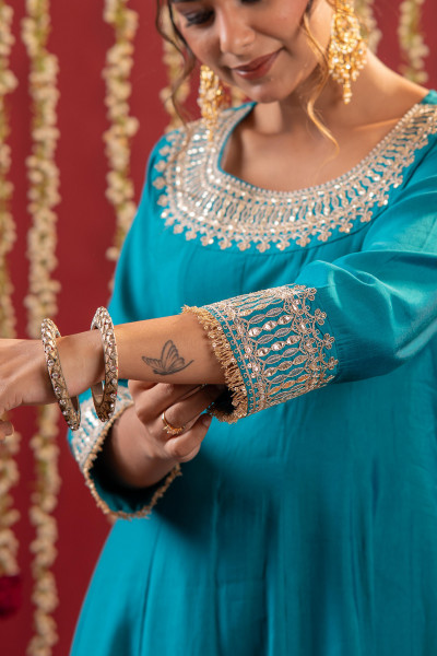 Aqua Blue Viscose Flared Kurta with Pants & Dupatta Set with Zari & Sequence Work