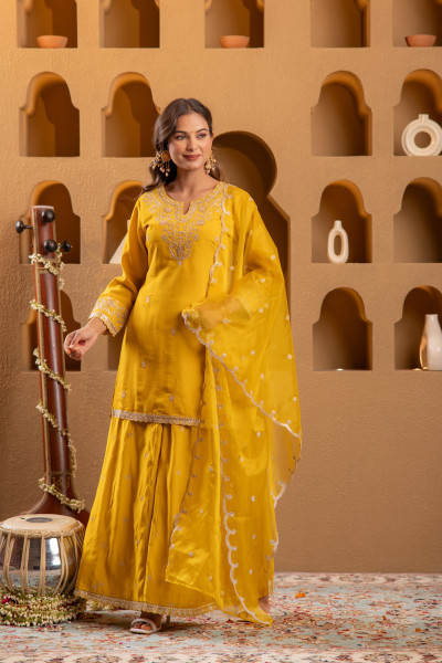 Mustard Viscose Flared Kurta with Palazzo & Dupatta Set with Mirror, Thread & Zari Work
