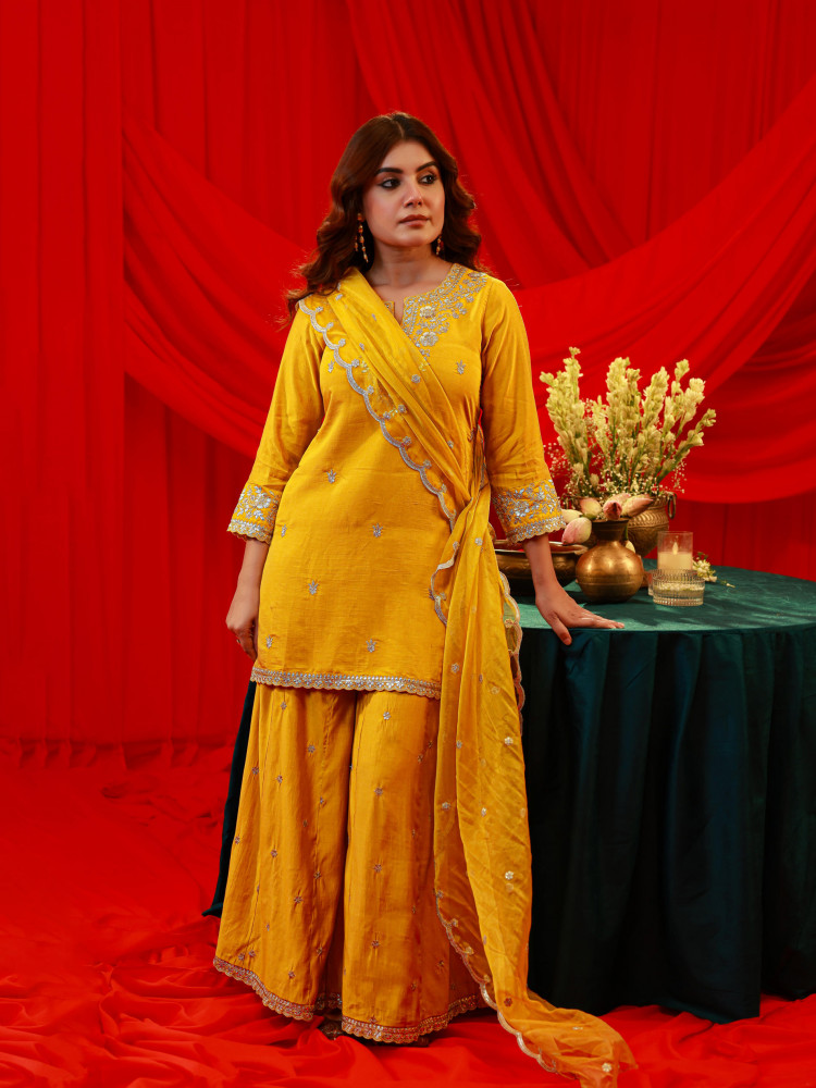 Mustard Viscose Flared Kurta with Palazzo &amp; Dupatta Set with Mirror, Thread &amp; Zari Work