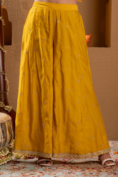 Mustard Viscose Flared Kurta with Palazzo & Dupatta Set with Mirror, Thread & Zari Work