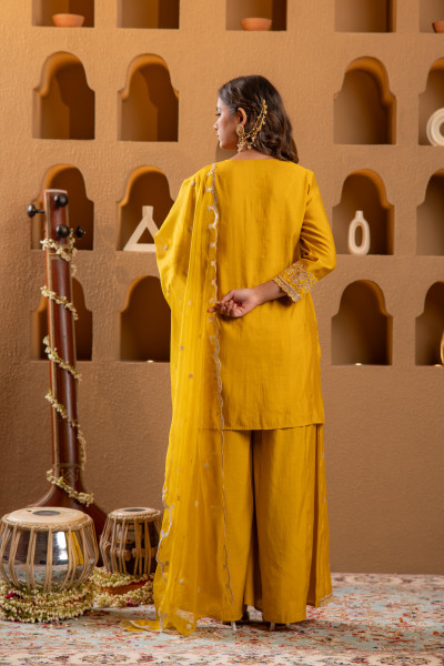 Mustard Viscose Flared Kurta with Palazzo & Dupatta Set with Mirror, Thread & Zari Work