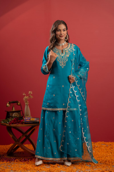 Ramagreen  Embroidered Kurta With Palazzo & Dupatta Set