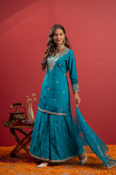 Ramagreen  Embroidered Kurta With Palazzo & Dupatta Set