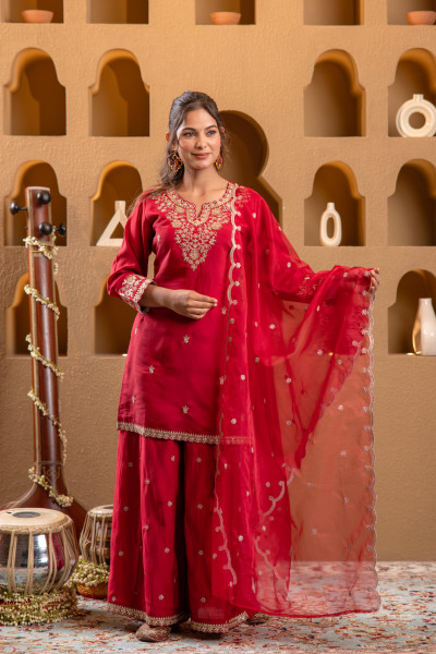 Red Viscose Flared Kurta with Palazzo & Dupatta Set with Mirror, Thread & Zari Work