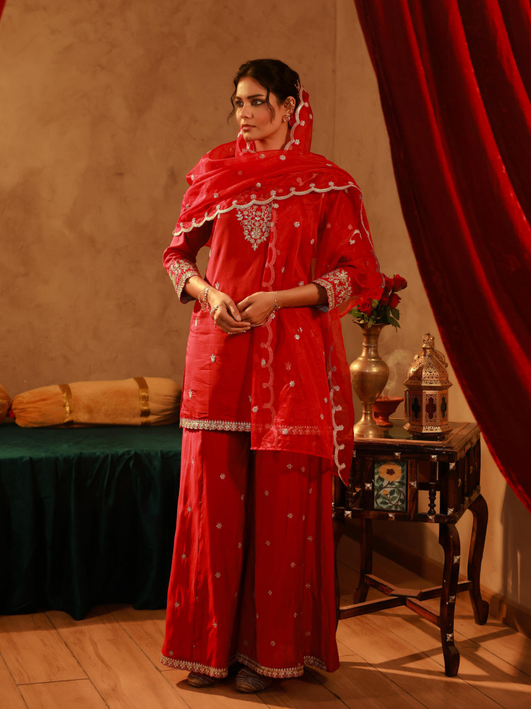 Red Viscose Flared Kurta with Palazzo &amp; Dupatta Set with Mirror, Thread &amp; Zari Work