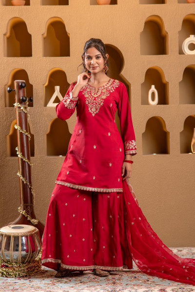 Red Viscose Flared Kurta with Palazzo & Dupatta Set with Mirror, Thread & Zari Work