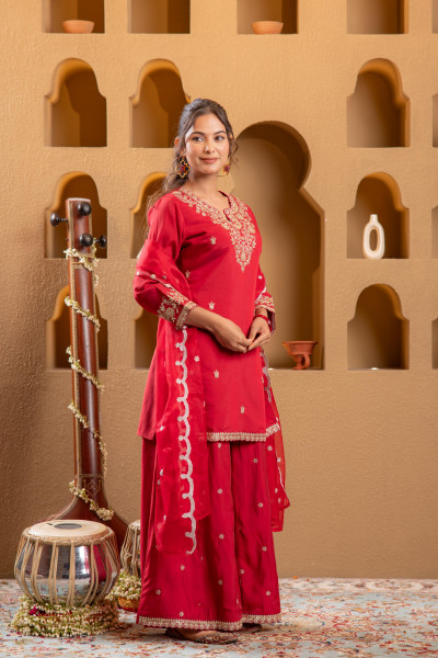 Red Viscose Flared Kurta with Palazzo & Dupatta Set with Mirror, Thread & Zari Work