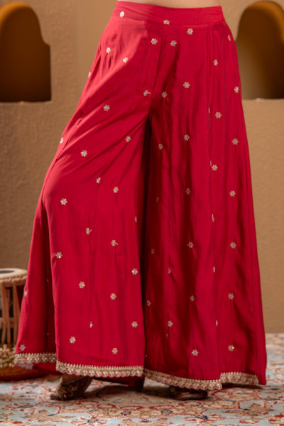 Red Viscose Flared Kurta with Palazzo & Dupatta Set with Mirror, Thread & Zari Work