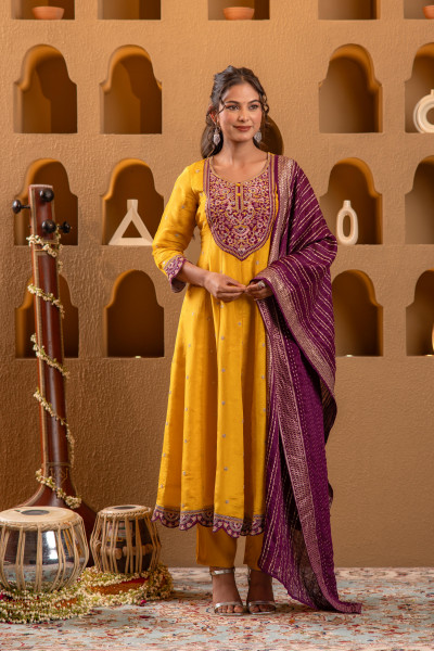 Mustard Nylon Flared Kurta Pant And Dupatta Set with Zari, Mirror, Thread & Sequin Work