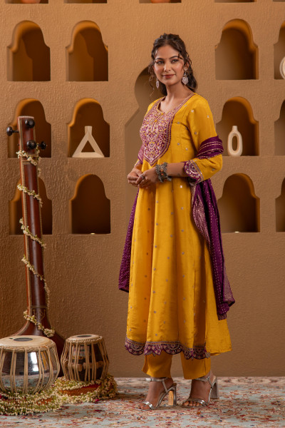 Mustard Nylon Flared Kurta Pant And Dupatta Set with Zari, Mirror, Thread & Sequin Work