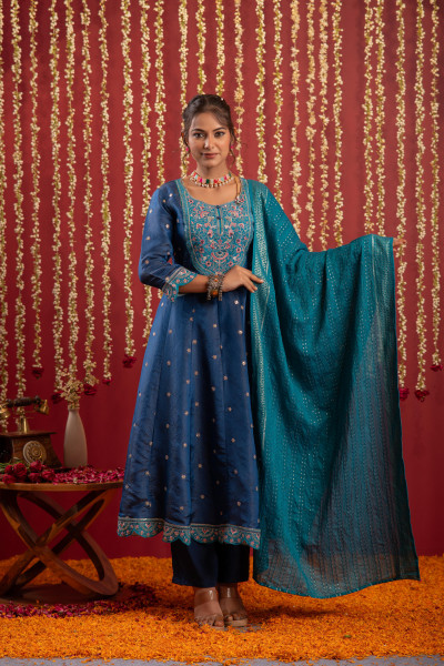 Navy Blue Nylon Flared Kurta Pant And Dupatta Set with Zari, Mirror, Thread & Sequin Work
