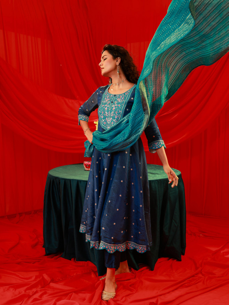 Navy Blue Nylon Flared Kurta Pant And Dupatta Set with Zari, Mirror, Thread &amp; Sequin Work