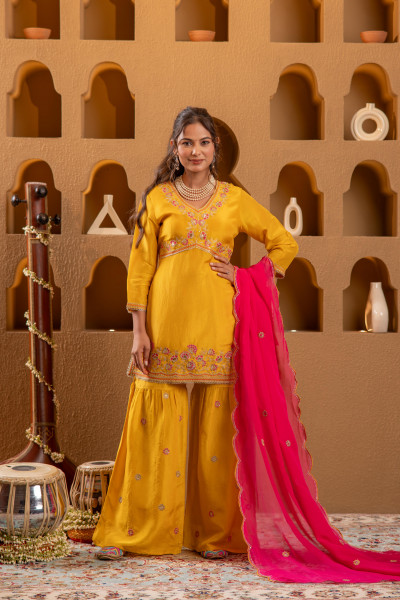 Mustard Nylon Kurta Sharara And Dupatta Set with Zari, Mirror, Thread & Sequin Embroidery