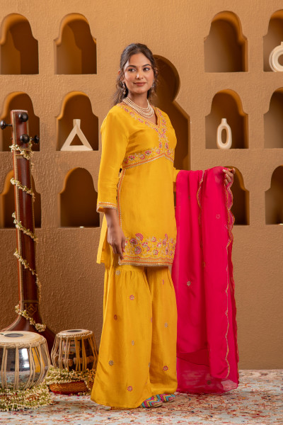 Mustard Nylon Kurta Sharara And Dupatta Set with Zari, Mirror, Thread & Sequin Embroidery