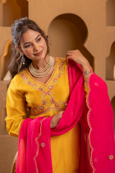 Mustard Nylon Kurta Sharara And Dupatta Set with Zari, Mirror, Thread & Sequin Embroidery