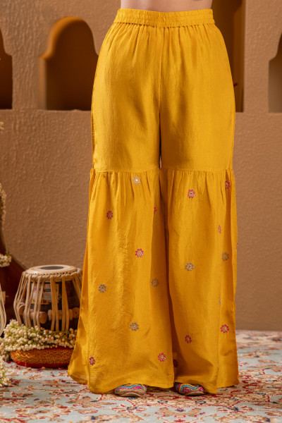 Mustard Nylon Kurta Sharara And Dupatta Set with Zari, Mirror, Thread & Sequin Embroidery