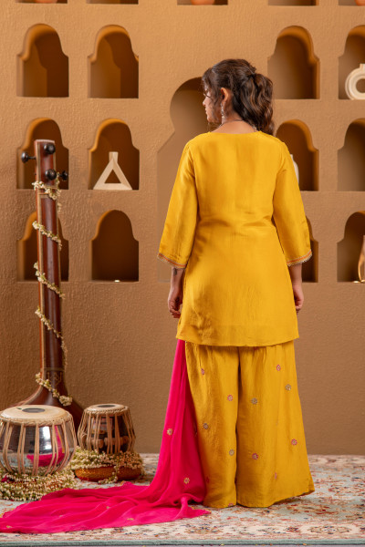 Mustard Nylon Kurta Sharara And Dupatta Set with Zari, Mirror, Thread & Sequin Embroidery