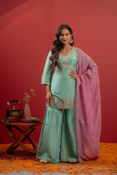 Sky Blue Nylon Kurta Sharara And Dupatta Set with Zari, Mirror, Thread & Sequin Embroidery