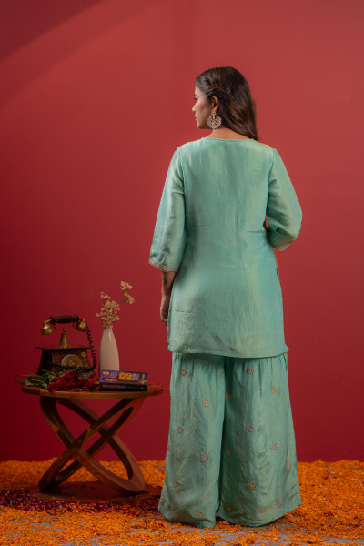 Sky Blue Nylon Kurta Sharara And Dupatta Set with Zari, Mirror, Thread & Sequin Embroidery