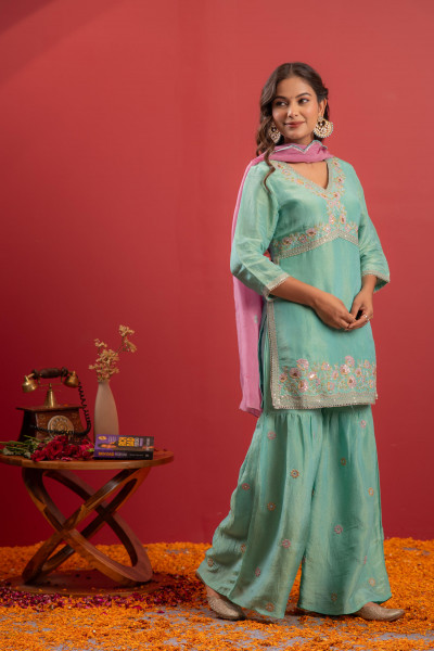 Sky Blue Nylon Kurta Sharara And Dupatta Set with Zari, Mirror, Thread & Sequin Embroidery