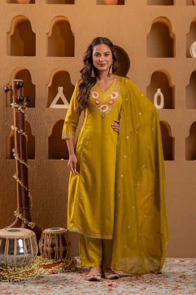 Mustard Viscose Flared Kurta with Pants & Dupatta Set with Thread & Zari Work