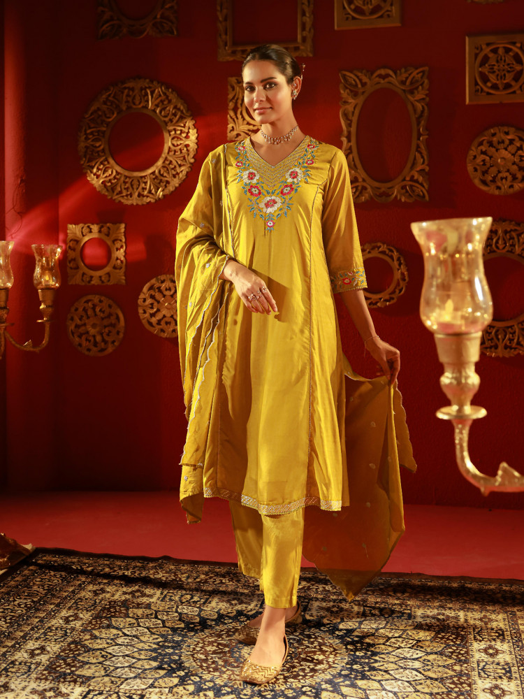 Mustard Viscose Flared Kurta with Pants &amp; Dupatta Set with Thread &amp; Zari Work