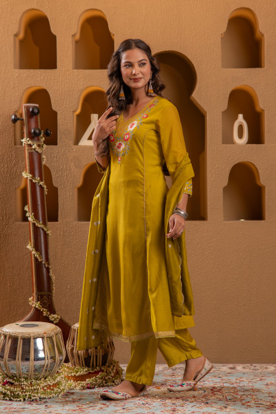 Mustard Viscose Flared Kurta with Pants & Dupatta Set with Thread & Zari Work