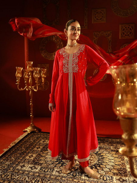 Red Manmade Fiber Flared Anarkali Kurta Pant And Dupatta Set with Zari, Mirror, Thread & Sequin Work