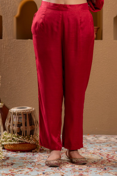 Red Manmade Fiber Flared Anarkali Kurta Pant And Dupatta Set with Zari, Mirror, Thread & Sequin Work