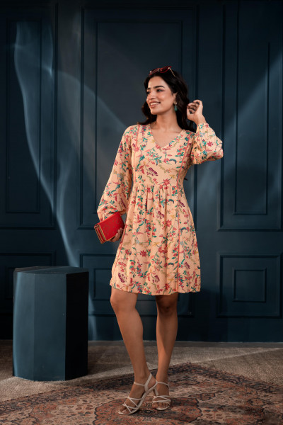 Floral Printed Fit & Flare Viscose Dress with Full Sleeves