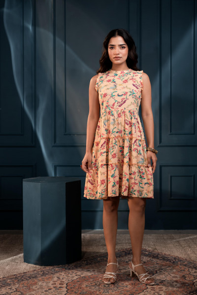 Peach-Purple-Blue Floral Sleeveless Tiered Viscose Short Dress