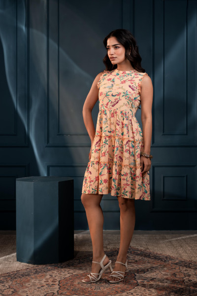 Peach-Purple-Blue Floral Sleeveless Tiered Viscose Short Dress