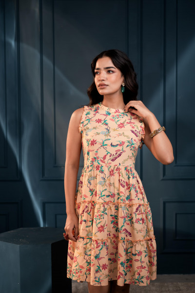 Peach-Purple-Blue Floral Sleeveless Tiered Viscose Short Dress