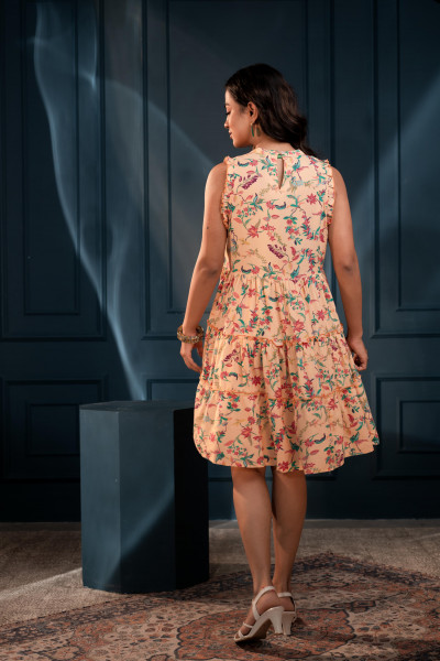 Peach-Purple-Blue Floral Sleeveless Tiered Viscose Short Dress