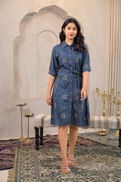 Teal Polka Dot Button Down Viscose Mini Shirt Dress with Belt