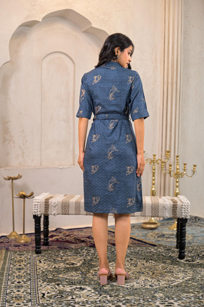 Teal Polka Dot Button Down Viscose Mini Shirt Dress with Belt