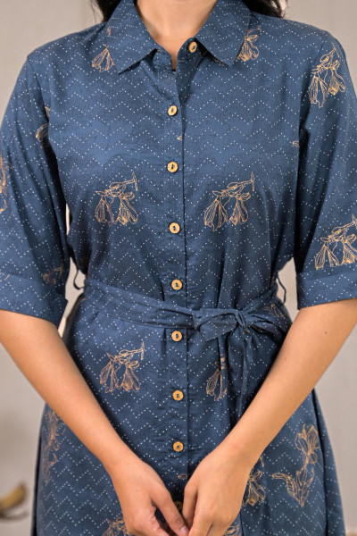Teal Polka Dot Button Down Viscose Mini Shirt Dress with Belt