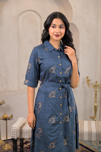 Teal Polka Dot Button Down Viscose Mini Shirt Dress with Belt