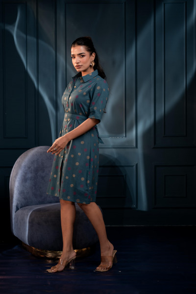 Teal Zig Zag Print Button Down Cotton Shirt Dress with Belt